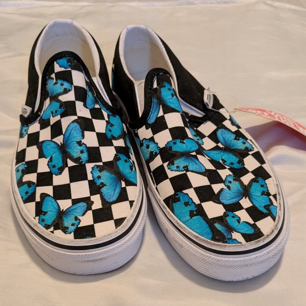 Vans black check/blue butterfly slip on sizes W6 ... M4.5 - Picture 2 of 7